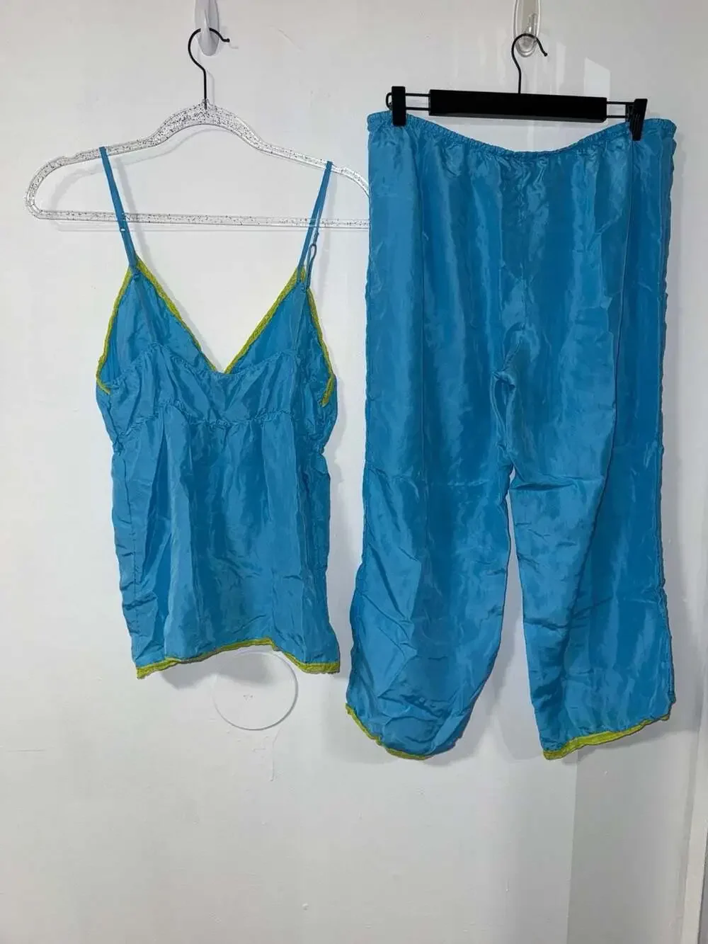 Y2K Victoria's Secret Pink 100% Silk Blue and Green Trim Camisole and Pant Loung